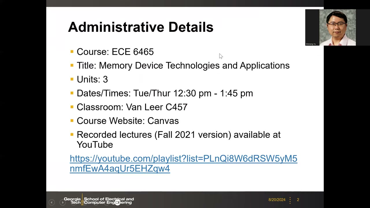 Administrative Details 幻灯片:课号、学分、上课时间、教室、Canvas 与往期录像链接