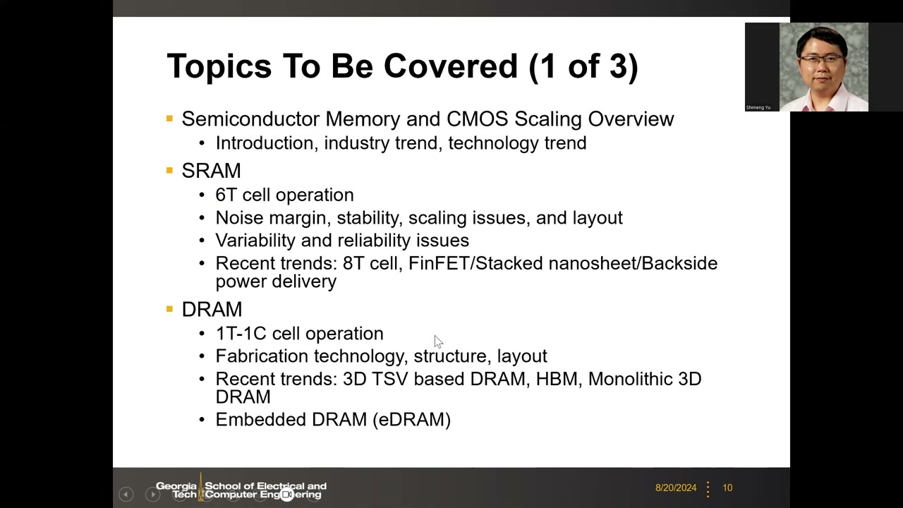 Topics To Be Covered (1 of 3):概述、SRAM、DRAM 主题列表
