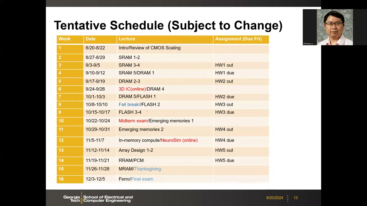 Tentative Schedule (Subject to Change) 16 周日程表全表