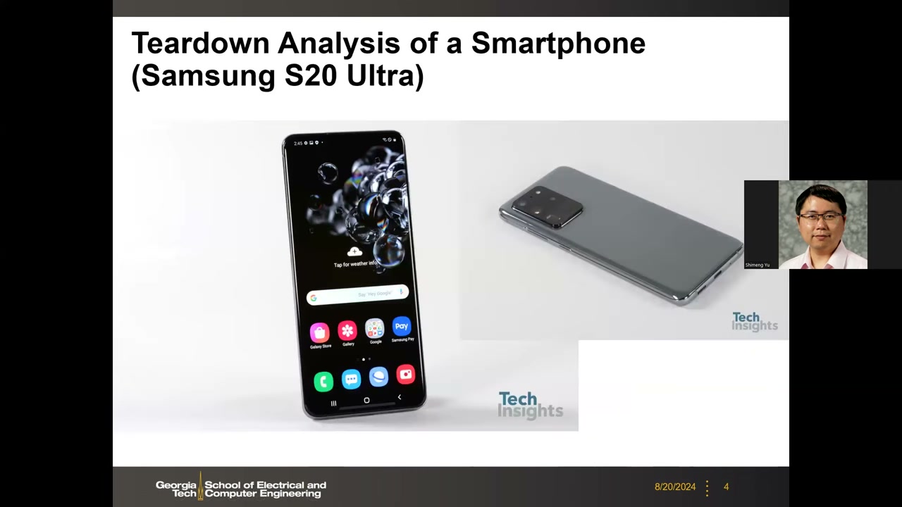 S20 Ultra 主板正面标注图：12GB LPDDR5 DRAM 与处理器共封装、256GB NAND Flash
