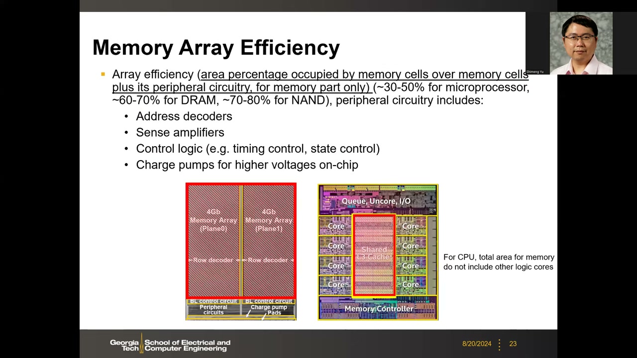 Array Efficiency 定义页：定义、各类典型百分比、外围电路四要素、NAND 版图与 CPU die photo
