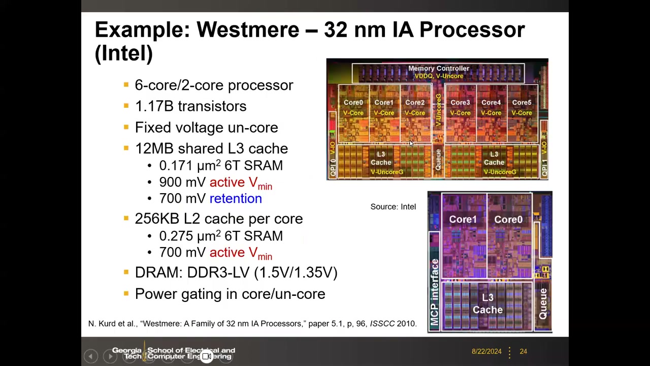Intel Westmere 32nm 处理器参数与 die photo：0.171/0.275 µm² 6T SRAM、V_min 数据
