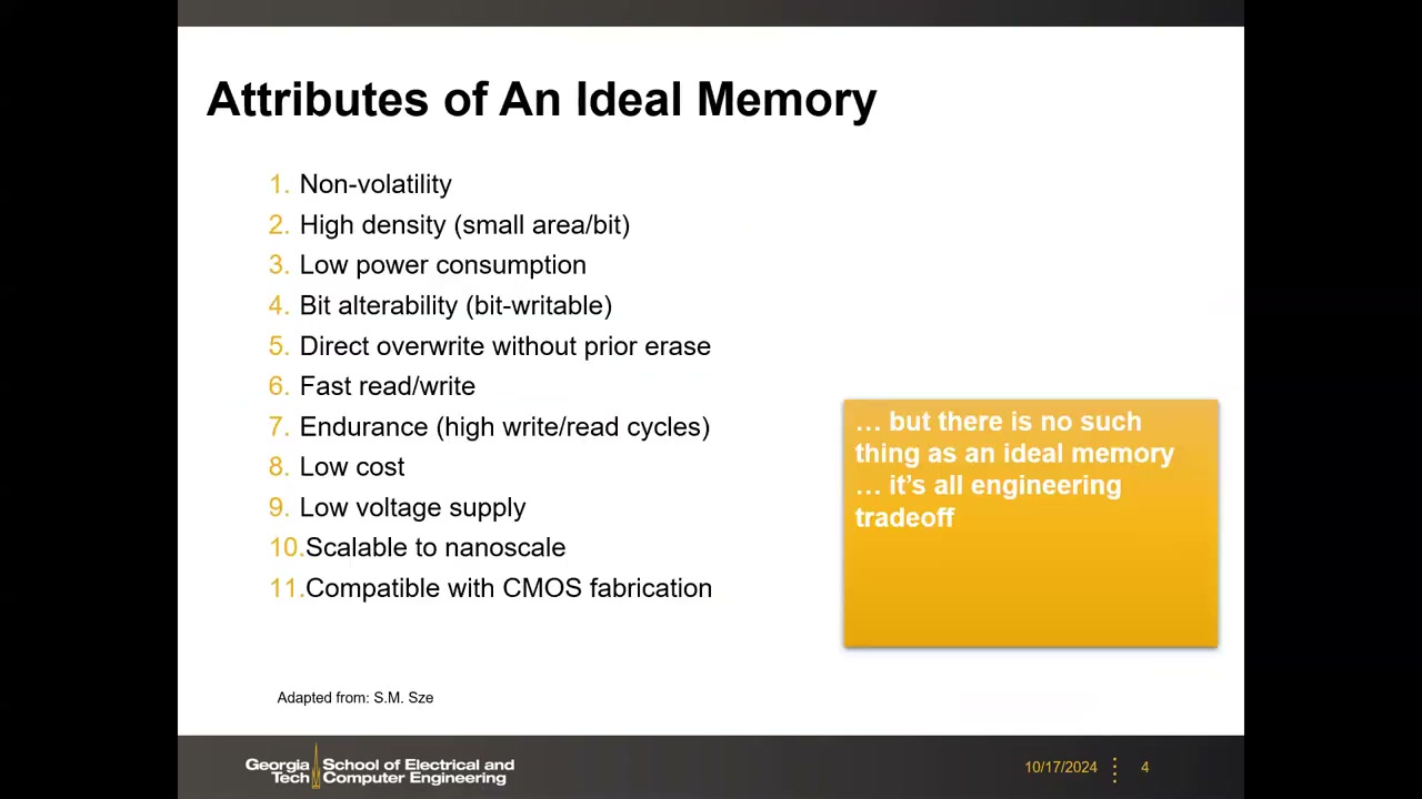 Attributes of An Ideal Memory 清单页,黄框注明无理想存储器