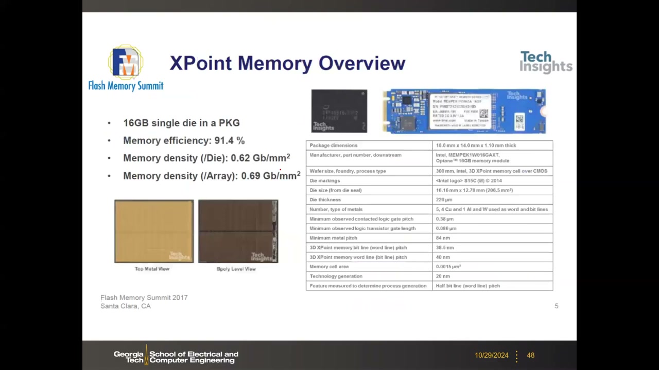 XPoint Memory Overview:16GB die、91.4% 效率、0.62 Gb/mm²、40nm pitch