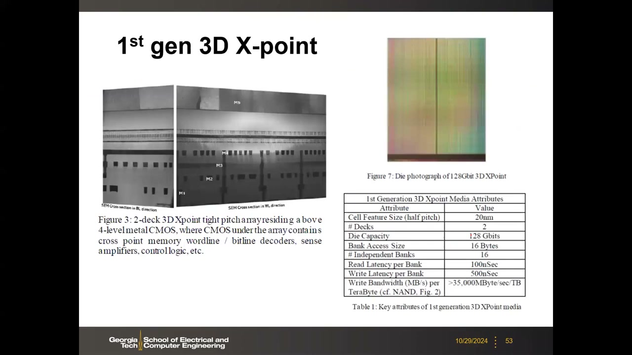 第一代 3D XPoint:2-deck SEM 截面、128Gb die、读 100ns 写 500ns 属性表