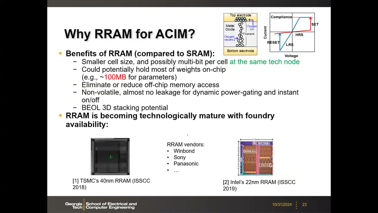 Why RRAM for ACIM:RRAM 优点列表、氧空位导电细丝原理图、I-V 特性、TSMC 40nm 与 Intel 22nm 芯片照片