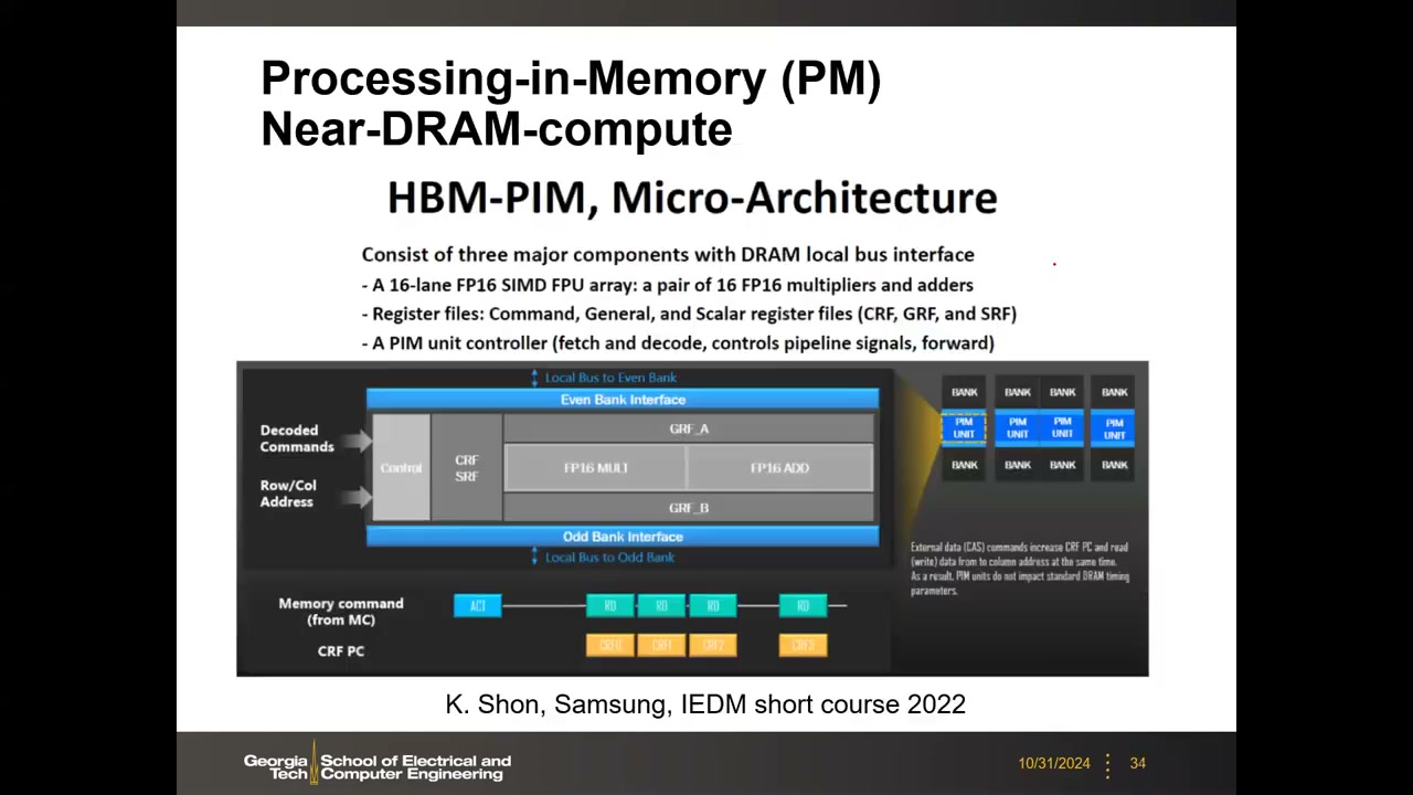 Processing-in-Memory / Near-DRAM-compute:HBM-PIM 微架构(FP16 MULT/ADD、CRF/GRF、bank 接口)