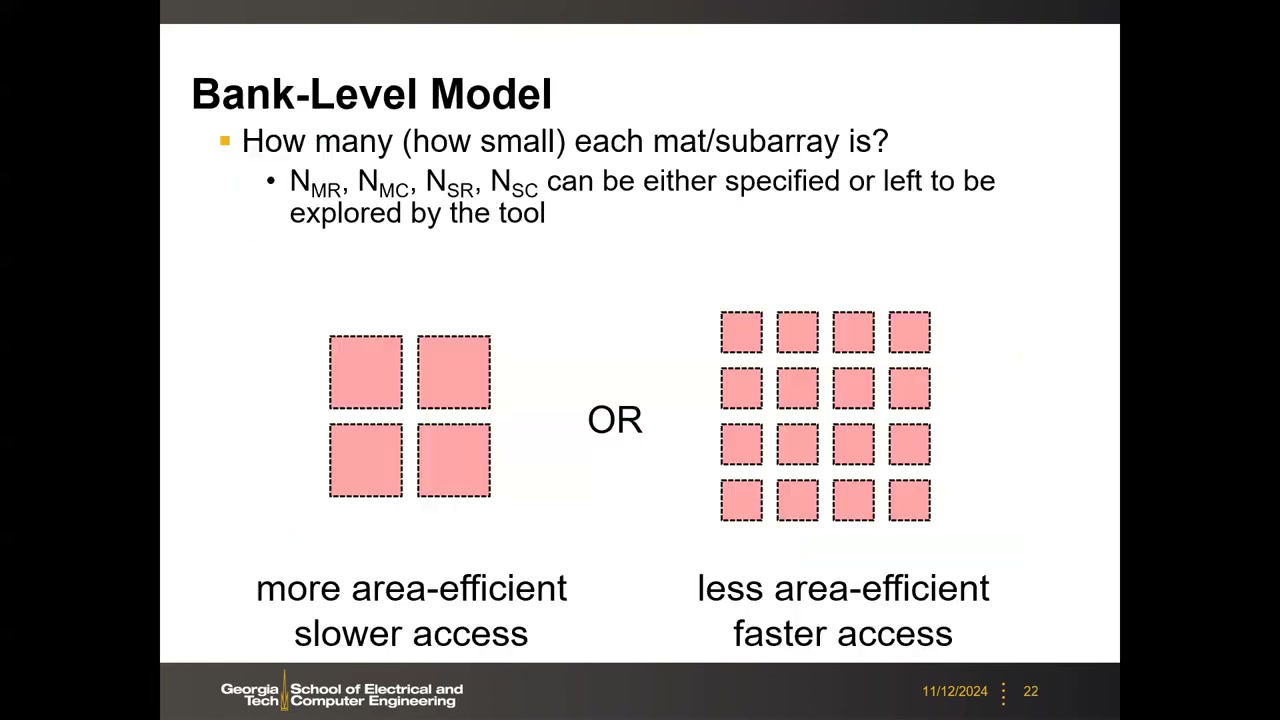 Bank-Level Model:4 个大 mat vs 16 个小 mat 的对比(more area-efficient/slower vs less area-efficient/faster)