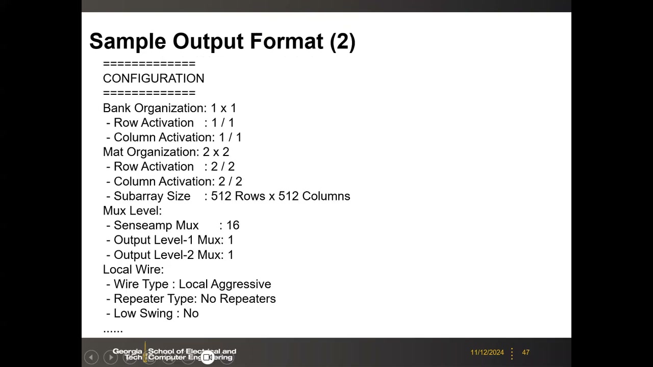 Sample Output Format (3) RESULT:面积与读写延迟完整分解(Read Latency 2.065ns,Senseamp 1.454ns)