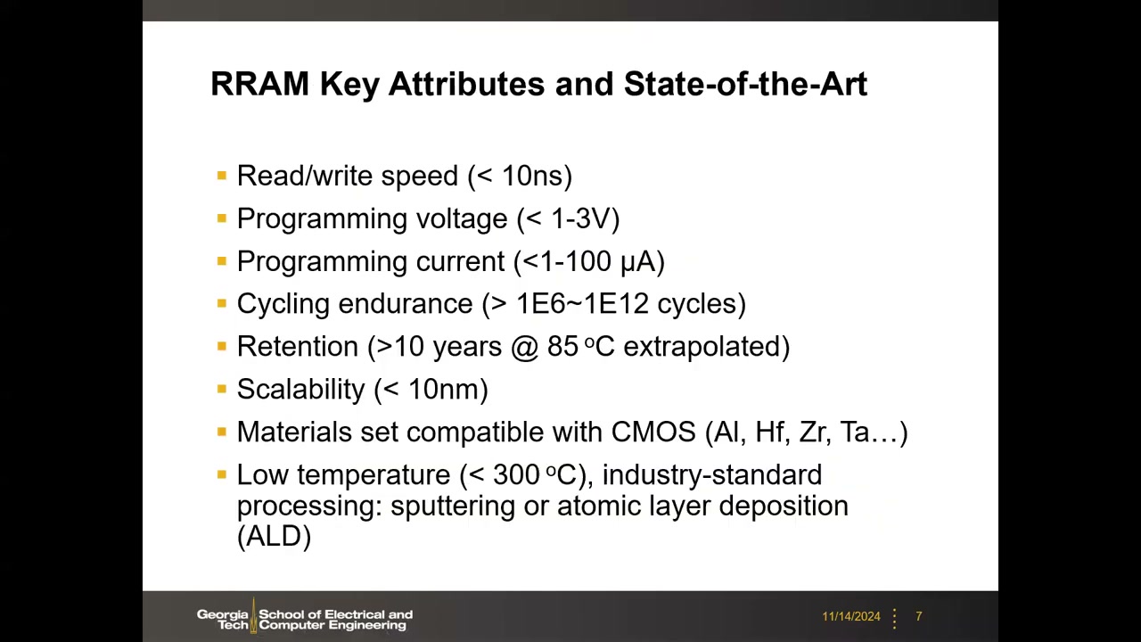 RRAM Key Attributes and State-of-the-Art：速度/电压/电流/耐久/保持/微缩性列表