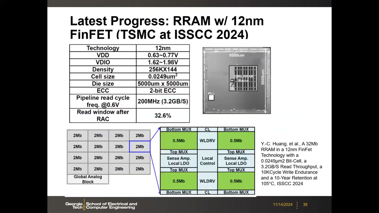 Recent RRAM Chip Prototypes 对比表：TSMC 22nm/40nm 与 Intel 22nm