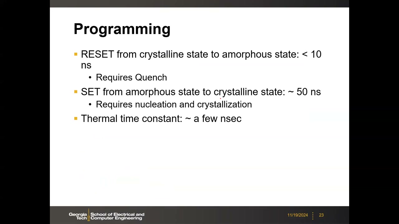 Programming 总结页：RESET 小于 10ns、SET 约 50ns、热时间常数几 ns