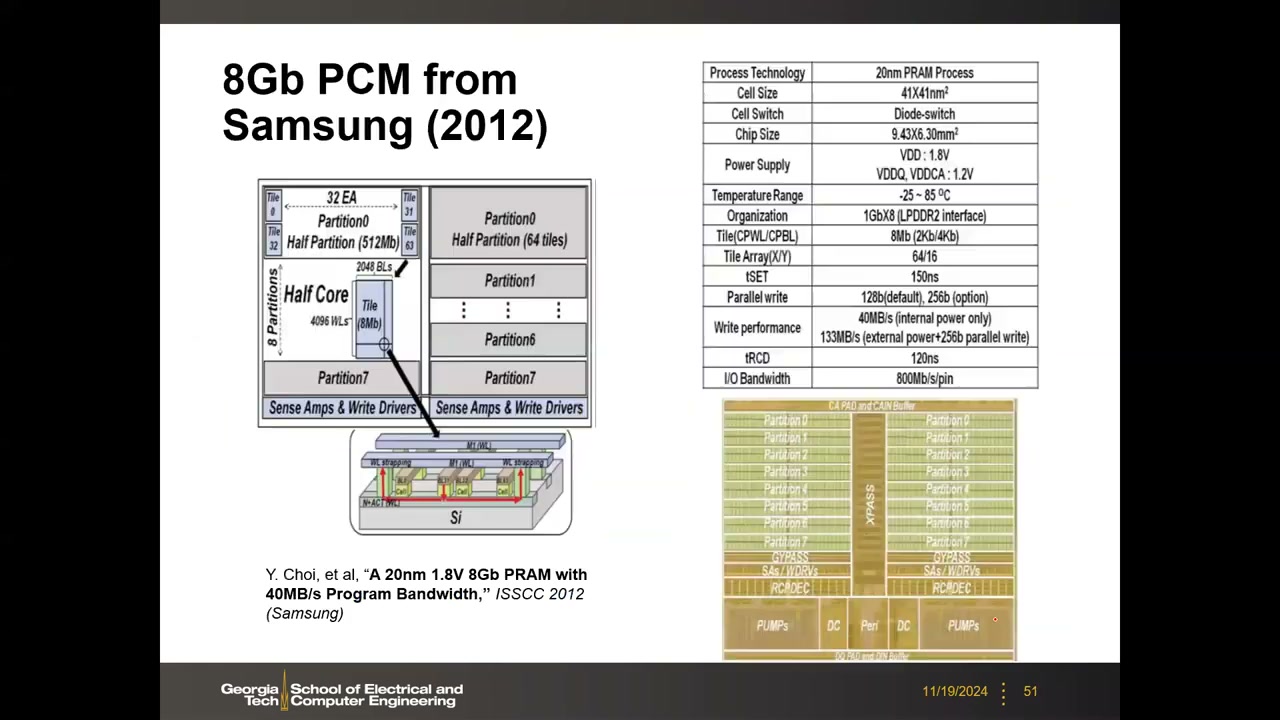 Samsung 20nm 8Gb PRAM（ISSCC 2012）：架构框图、完整规格表、die photo