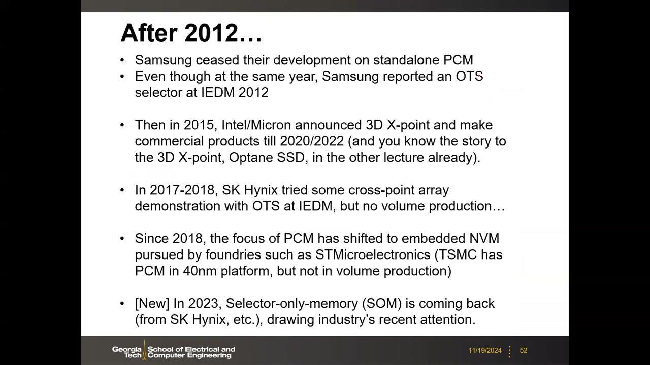 After 2012 产业走向总结页：Samsung 停止、3D X-point、SK Hynix、嵌入式 NVM、SOM