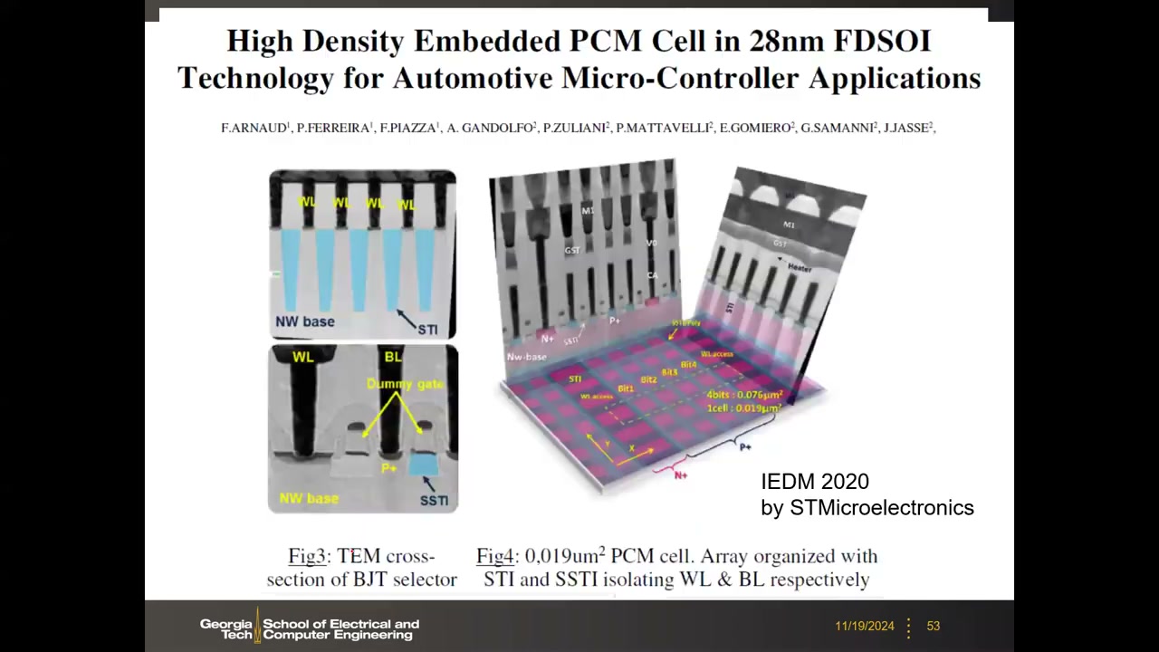 ST IEDM 2020 论文标题页：28nm FDSOI、BJT 选通 TEM、0.019 µm² 单元三维示意