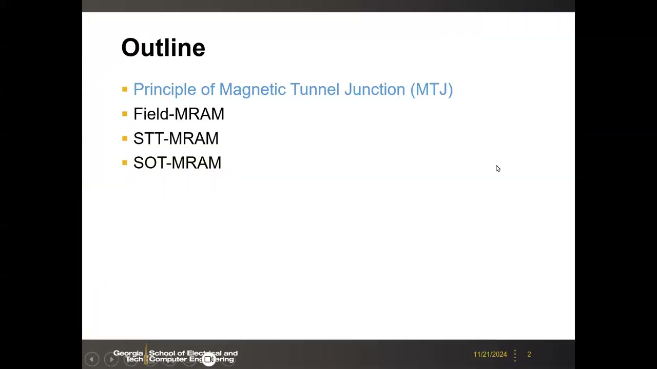 本讲大纲：MTJ、Field-MRAM、STT-MRAM、SOT-MRAM 四部分