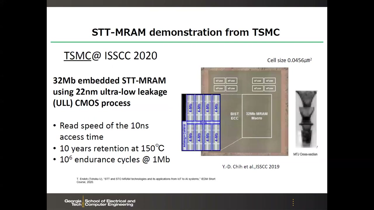 TSMC 32Mb 22nm ULL：die photo 与 MTJ 截面